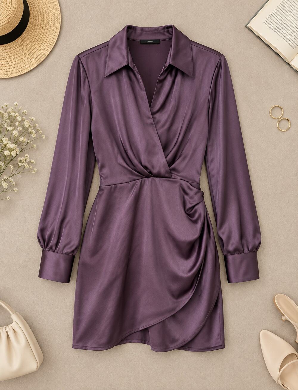 Zara Purple Satin Draped Wrap Mini Dress Long Sleeve Date Night Quiet Luxury M